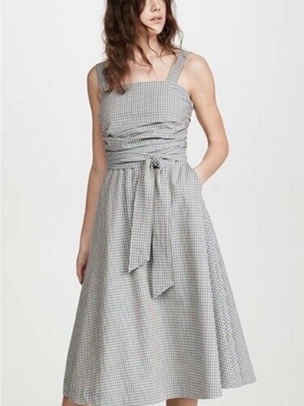 Veronica Beard Size 8 Gingham ruched Tie-Waist Midi Dress